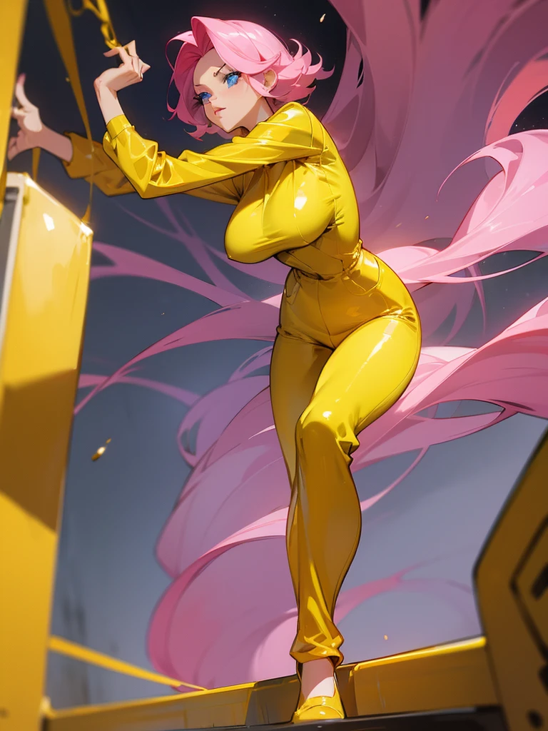 a mature woman , hero pose, big pink hair, shining blue eyes, wearing a mustard yellow jumpsuit. hero pose, big breasts35 years old, fleeing