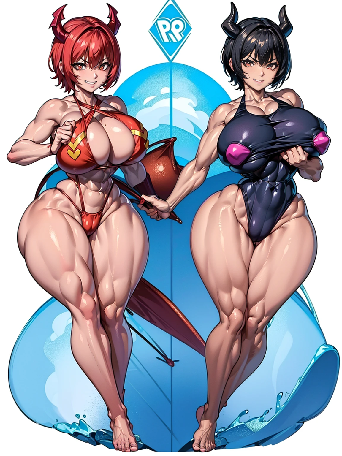 Serious face、(Grin:1.4)、(In 4K)、(High resolution:1.2)、(High freshness)、、(Whole Body Ezbian:1.2)、((short hair:1.2))、(Huge, perky, fake breasts:1.4)、Deep valley、(Two brave women with big fighting the devil:1.6))、Skin Dance、 (Firm chest:1.6)、(Orange eyes)、((tight competition swimwear:1.6))、(Perfect body:1.8)、Wide Hips, Thick thighs, Huge Ass、Skin dents、(barefoot:1.2)、(Great abs:1.4)、(Narrow waist:1.4)、(White Background)、(Dynamic pose:1.4)