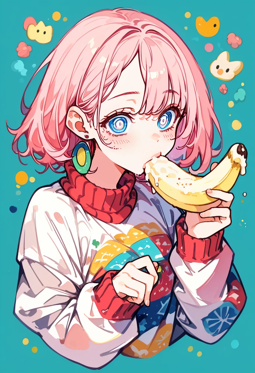 (masterpiece, best quality: 1.2),Barbie doll,，colloid， Sexy eyes，The expression of a kiss，Wet pink and white sexy lips， colloid skin，Full figure，earrings（（Watercolor pattern sweater））eating banana，full-body shot