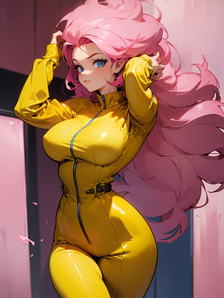 a mature woman , hero pose, big pink hair, shining blue eyes, wearing a mustard yellow jumpsuit. hero pose, big breasts35 years old, fleeing 