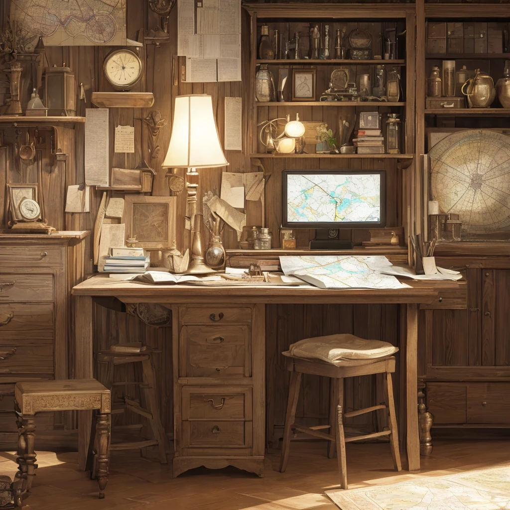 a detailed, high-quality cartographer's desk, intricate antique globe, vintage compass, rolled up maps, magnifying glass, quill and ink, wooden shelves, candles, soft lighting, dark wood texture, detailed textures, cinematic lighting, muted color palette, atmospheric, elegant, masterpiece, (best quality, 4k, 8k, highres, masterpiece:1.2), ultra-detailed, (realistic, photorealistic, photo-realistic:1.37)