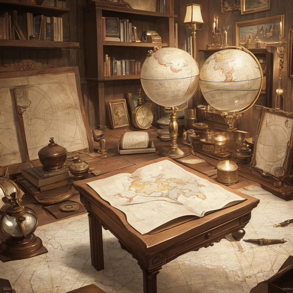 a detailed, high-quality cartographer's desk, intricate antique globe, vintage compass, rolled up maps, magnifying glass, quill and ink, wooden shelves, candles, soft lighting, dark wood texture, detailed textures, cinematic lighting, muted color palette, atmospheric, elegant, masterpiece, (best quality, 4k, 8k, highres, masterpiece:1.2), ultra-detailed, (realistic, photorealistic, photo-realistic:1.37)