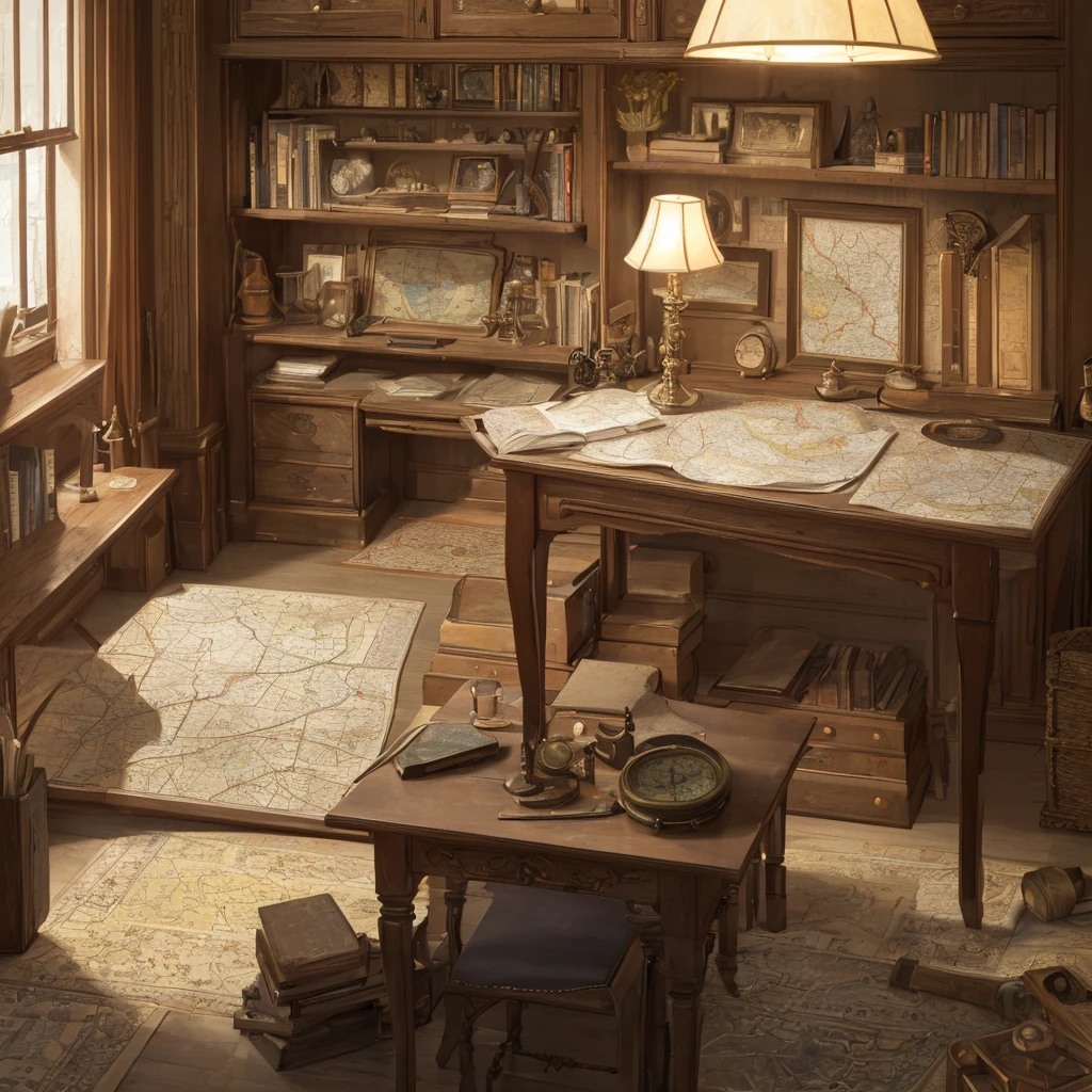 a detailed, high-quality cartographer's desk, intricate antique globe, vintage compass, rolled up maps, magnifying glass, quill and ink, wooden shelves, candles, soft lighting, dark wood texture, detailed textures, cinematic lighting, muted color palette, atmospheric, elegant, masterpiece, (best quality, 4k, 8k, highres, masterpiece:1.2), ultra-detailed, (realistic, photorealistic, photo-realistic:1.37)