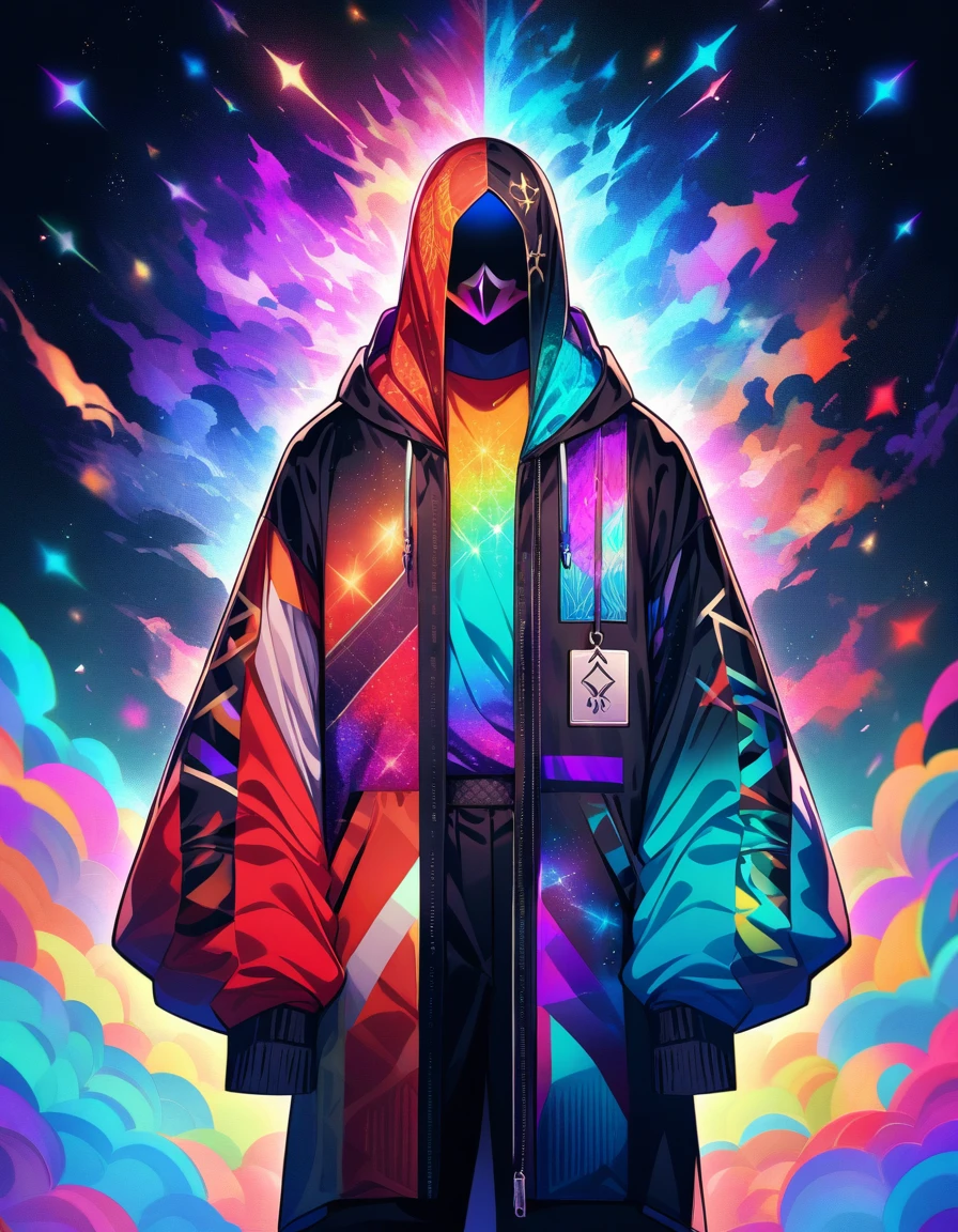 Imagine a man floating in space, dressed in streetwear clothes, a vibrant contrast against the stellar void around you. He is in a state of transcendence, unlocking seven spiritual layers, each representing a different reality, each in a different opacity, creating a visual effect of overlap and depth