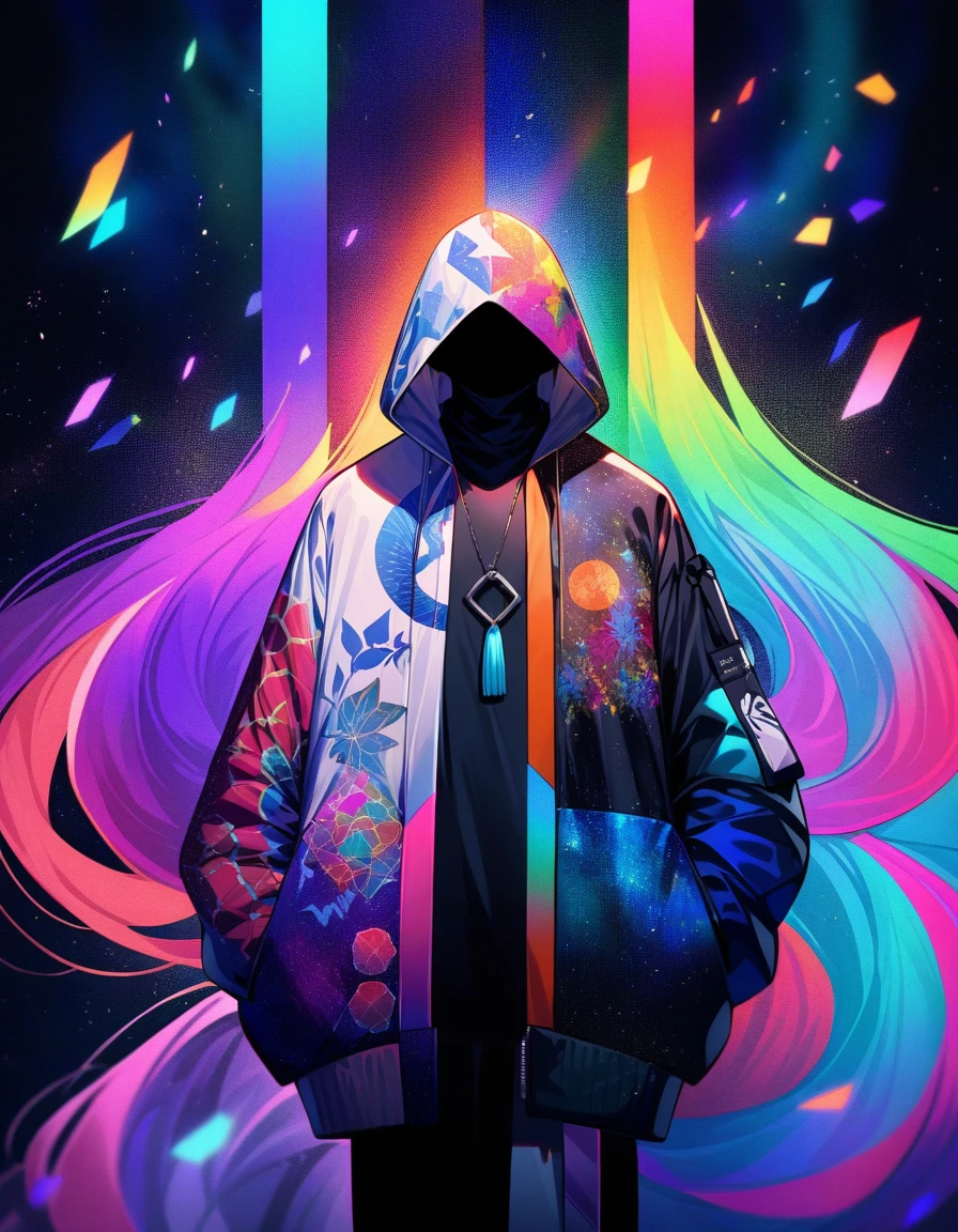 Imagine a man floating in space, dressed in streetwear clothes, a vibrant contrast against the stellar void around you. He is in a state of transcendence, unlocking seven spiritual layers, each representing a different reality, each in a different opacity, creating a visual effect of overlap and depth