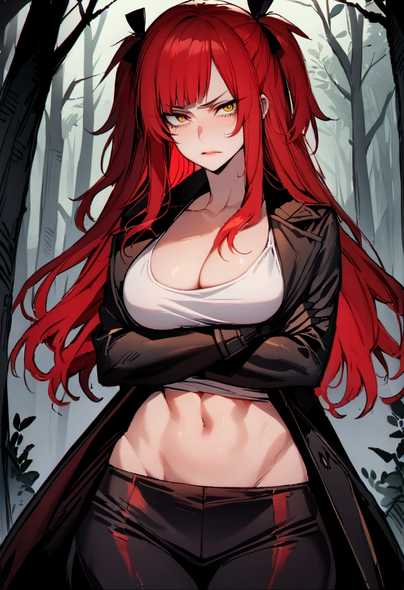 masterpiece, best quality 1girl, solo, beautiful woman, messy bangs, red hair, long hair, hair two side up by black bows , yellow eyes, angry, large breasts, toned stomach, white tank top, long black coat, figureless black gloves, black pants, arms crossed, fantasy looking at viewer, woods background