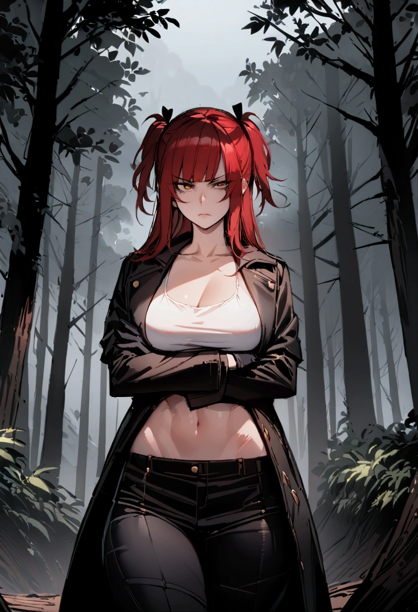 masterpiece, best quality 1girl, solo, beautiful woman, messy bangs, red hair, long hair, hair two side up by black bows , yellow eyes, angry, large breasts, toned stomach, white tank top, long black coat, figureless black gloves, black pants, arms crossed, fantasy looking at viewer, woods background
