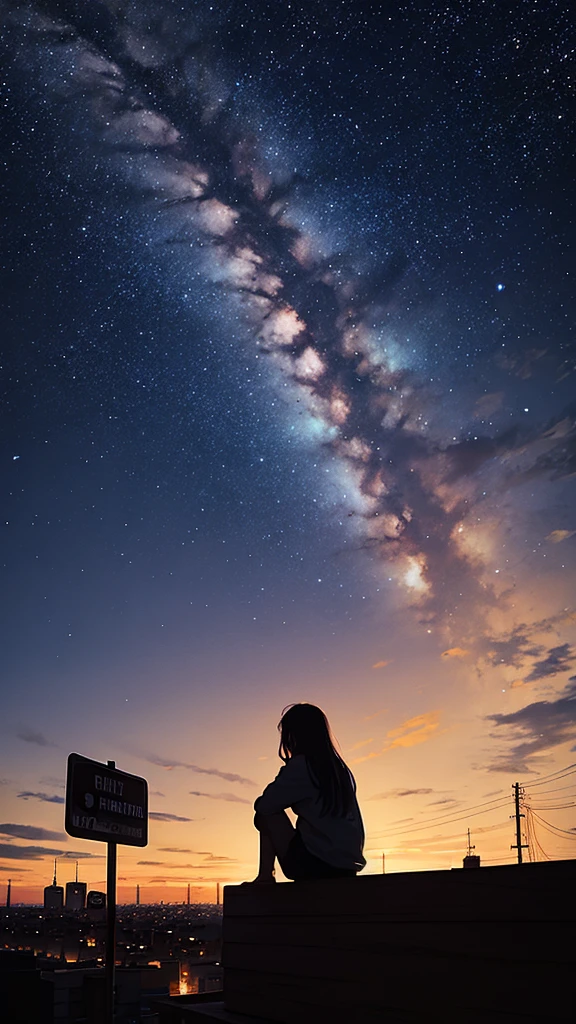 null, star, landscape, starry null, morning, girl, morning null, alone, Outdoor, sign, building, cloud, milky way, Sitting, wood, Long Hair, city, silhouette, cityscape
