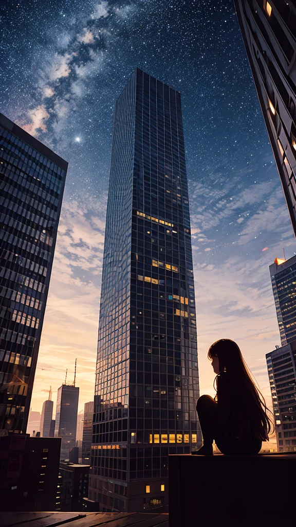 null, star, landscape, starry null, morning, girl, morning null, alone, Outdoor, sign, building, cloud, milky way, Sitting, wood, Long Hair, city, silhouette, cityscape