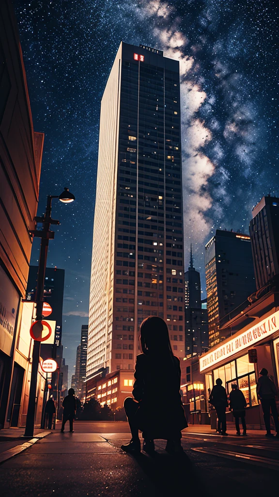 null, star, landscape, starry null, morning, girl, morning null, alone, Outdoor, sign, building, cloud, milky way, Sitting, wood, Long Hair, city, silhouette, cityscape