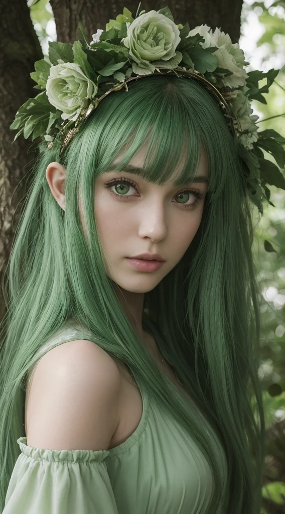arafed woman with green hair and a flower crown sitting on a tree, green flowing hair, very beautiful elven top model, long green hair, green dress, green hair, anime girl in real life, in green forest, light green tone beautiful face, green mane, soft green natural light, ig model | artgerm, dark green hair, some green