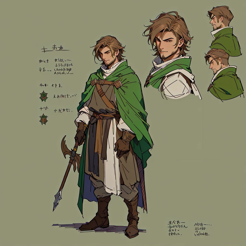 Close-up of a man in a staff costume,
((character concept art)), ((Character design sheet, same character, on front, from on the side, At the back))
Character image, medieval character design, medieval character design,
hair color: brown,
Age: youth, eyecolor: green,
he has a goatee,
He wears gloves on his hands,
He wears a large light green cape over his brown clothes.
He is a researcher, his short brown hair is always trimmed and clean. D&D constume mage style.