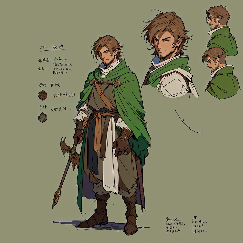Close-up of a man in a staff costume,
((character concept art)), ((Character design sheet, same character, on front, from on the side, At the back))
Character image, medieval character design, medieval character design,
hair color: brown,
Age: youth, eyecolor: green,
he has a goatee,
He wears gloves on his hands,
He wears a large light green cape over his brown clothes.
He is a researcher, his short brown hair is always trimmed and clean. D&D constume mage style.
