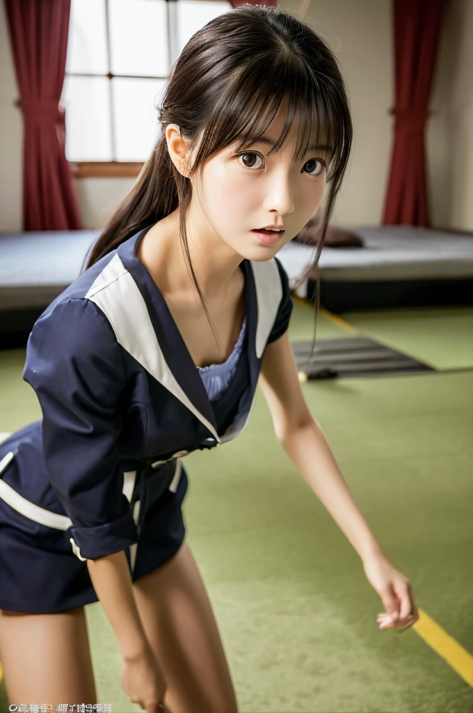 ((highest quality, masterpiece :1.3)), Photorealistic、Ultra-high resolution、Natural skin texture、Hyperrealism、Photograph from the knee up、Beautiful Japanese girl in her early teens、Tight Chinese fighting suit、playroom、Frightened expression、My eyes are watering