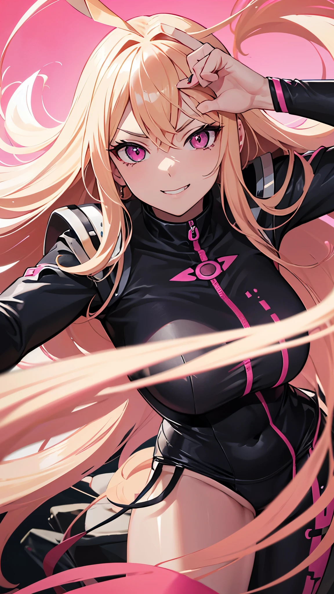 (((Adult woman))), pink eyes, long blonde hair, black-pink plug suit, smirk, attack