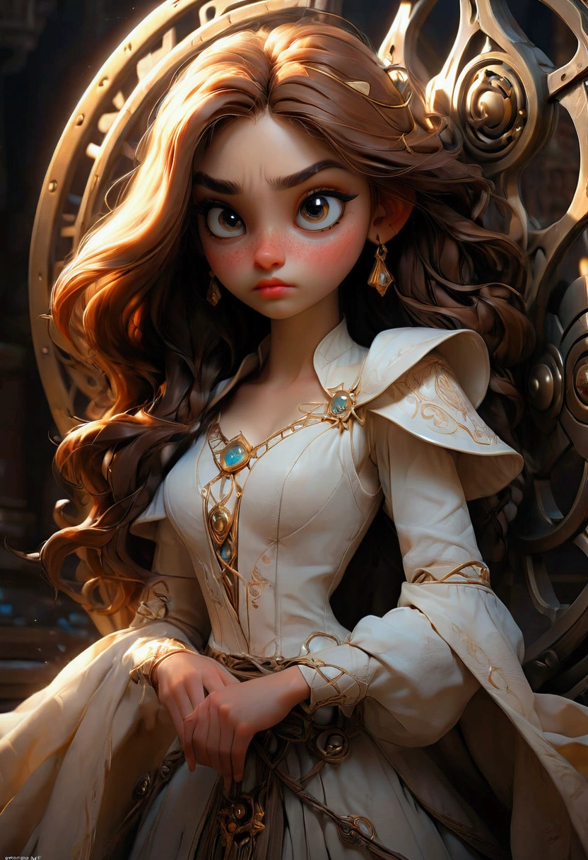1girl, She who stands defiant against the wheel of destiny, a woman standing defiantly against the wheel of destiny, beautiful detailed eyes, beautiful detailed lips, extremely detailed face, long eyelashes, elegant gown, dramatic lighting, fantasy, cinematic, highly detailed, 8k, award winning digital art, dramatic colors, intense atmosphere, mystical, ethereal, powerful, awe-inspiring, masterpiece, best quality, very aesthetic, absurdres