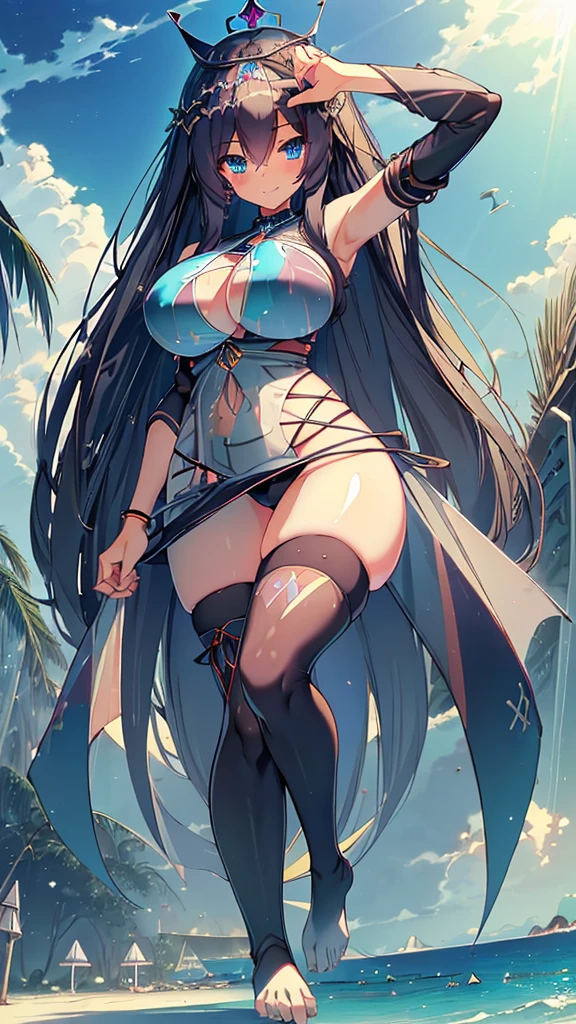 best quality, extremely detailed,anime style girl,long hair down to the waist, straight hair, ((dark black hair with bluish)),((crown braid)),beautiful detailed eyes, pinched eyes, (dark blue eyes),huge breasts,curvy,((((Mystical atmosphere  transparency dressswimwear)))),clothing with complex patterns,smile,((((casual beach)))),Sunlight,((((Diagonal angle)))),dynamic angle,((active pose))