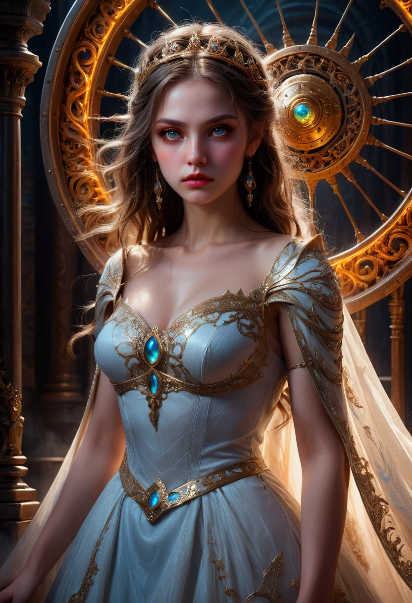 1girl, She who stands defiant against the wheel of destiny, a woman standing defiantly against the wheel of destiny, beautiful detailed eyes, beautiful detailed lips, extremely detailed face, long eyelashes, elegant gown, dramatic lighting, fantasy, cinematic, highly detailed, 8k, award winning digital art, dramatic colors, intense atmosphere, mystical, ethereal, powerful, awe-inspiring, masterpiece, best quality, very aesthetic, absurdres