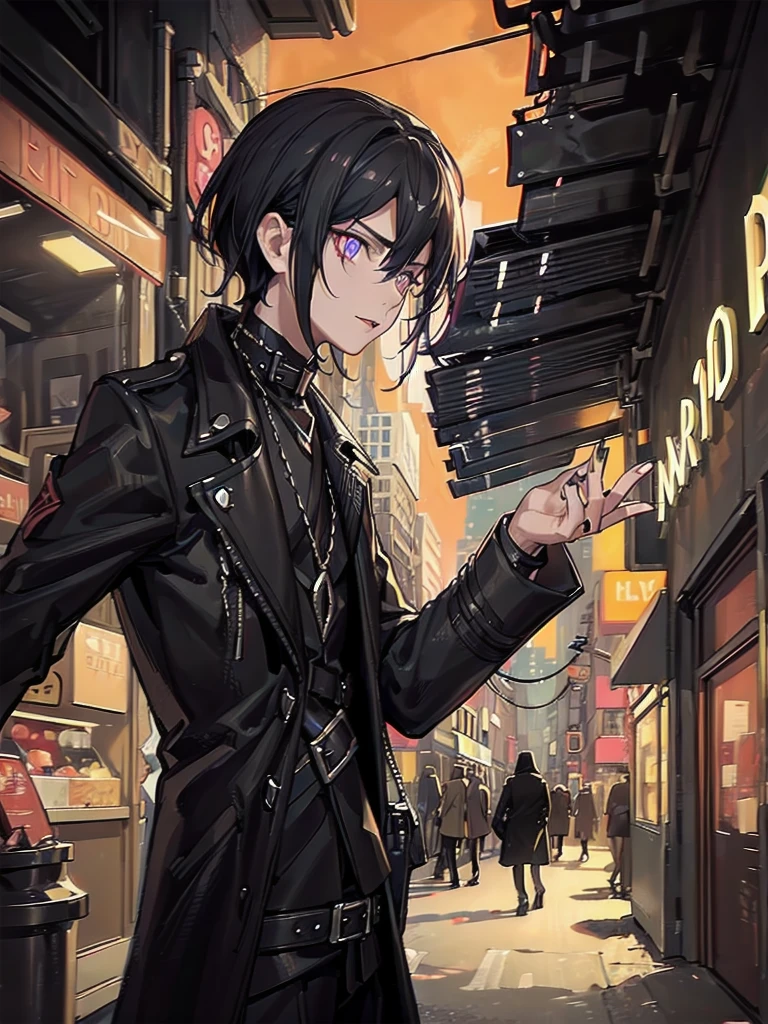 a dark mysterious black market trader, trending trenchcoat, detailed facial features, piercing eyes, sharp nose, thin lips, moody expression, gritty urban alley background, moody dramatic lighting, dark shadows, neon signs, bustling crowd, high detailed, cinematic, 4k, photorealistic