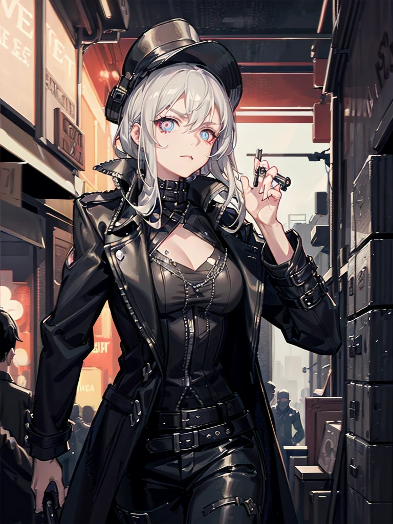 a dark mysterious black market trader, trending trenchcoat, detailed facial features, piercing eyes, sharp nose, thin lips, moody expression, gritty urban alley background, moody dramatic lighting, dark shadows, neon signs, bustling crowd, high detailed, cinematic, 4k, photorealistic