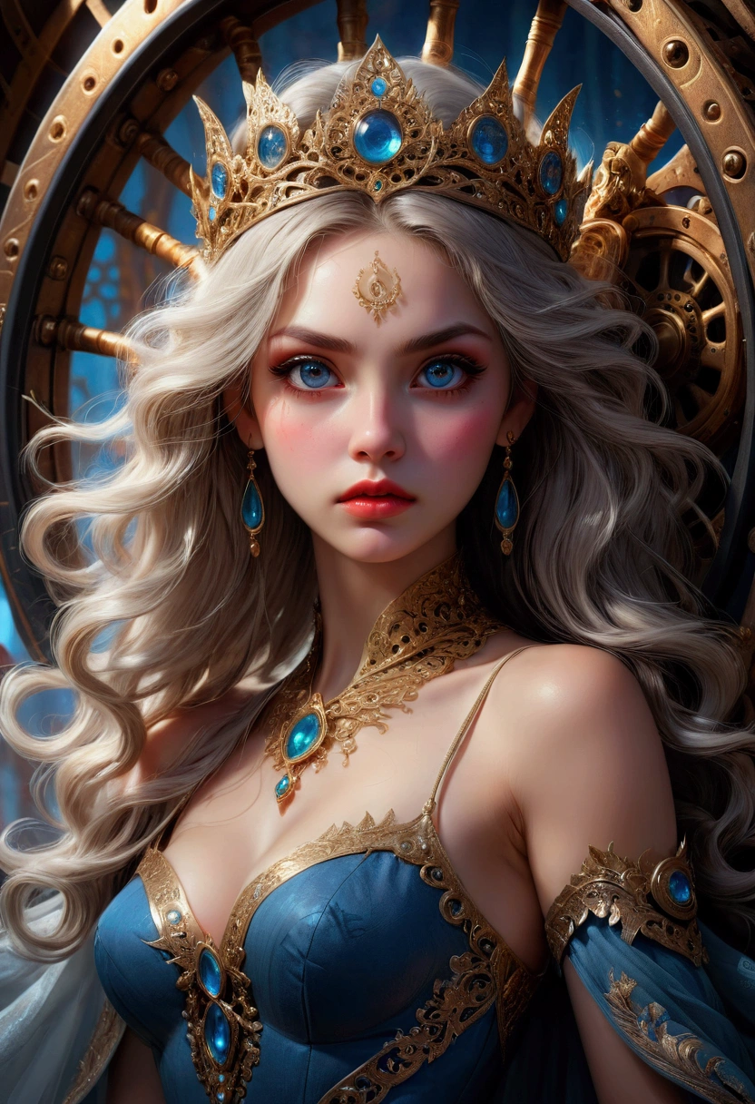 1girl, She who stands defiant against the wheel of destiny, a woman standing defiantly against the wheel of destiny, beautiful detailed eyes, beautiful detailed lips, extremely detailed face, long eyelashes, elegant gown, dramatic lighting, fantasy, cinematic, highly detailed, 8k, award winning digital art, dramatic colors, intense atmosphere, mystical, ethereal, powerful, awe-inspiring, masterpiece, best quality, very aesthetic, absurdres