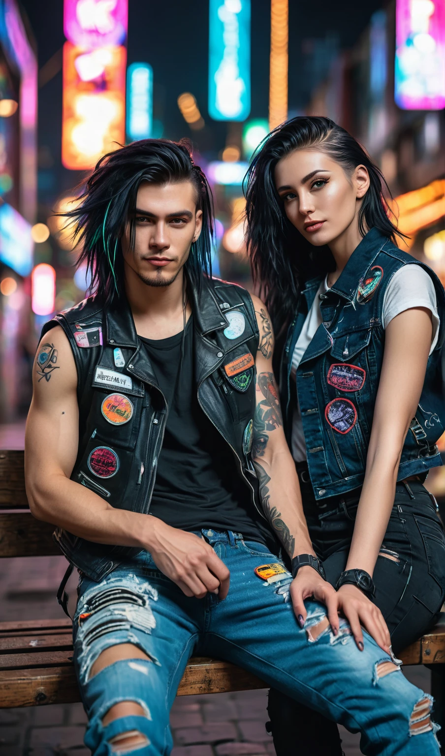Masterpiece, above, very detailed, original photo, romantic couple, beautiful woman with long flowing black hair and handsome 32 year old young man with cool messy undercut hair, sitting on a bench in the center of a cyberpunk city, they are wearing a black jean vest full of patches, striking a distinctive pose punk, ripped knee jeans, cool sneakers, facing the camera, looking very romantic and happy, cyberpunk urban background and neon colorful highlights. bokeh, frontal, ultraHD 32K resolution, HDR, 800mm lens, realistic, hyperrealistic, photography, professional photography, immersive photography, ultra HD, very high quality, best quality, HDR photo, focus photo, original photo, ultra sharp, nature photo, masterpiece, award winning, shot with hasselblad x2d.