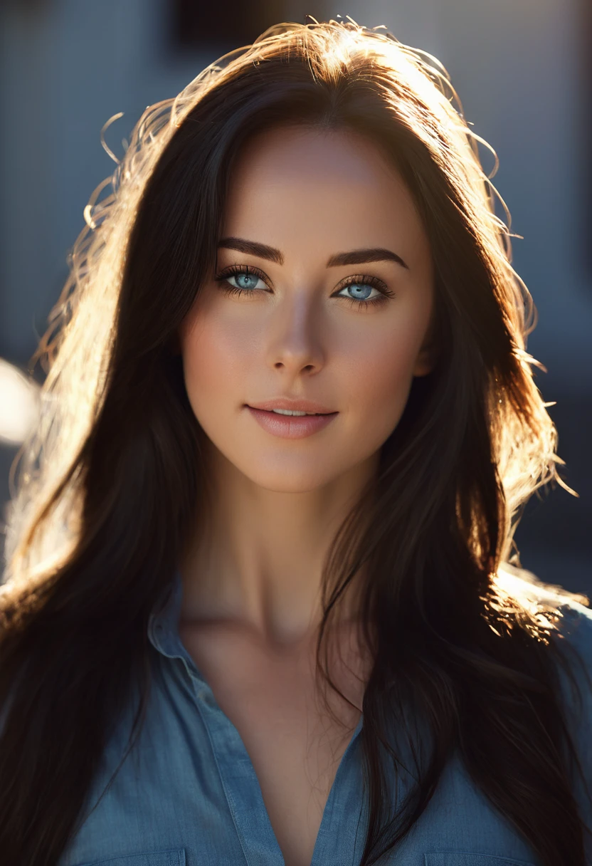 (masterpiece), best quality, A portrait of a 23-year-old brunette woman (her face is a mix of Christine Taylor and 1970's Maureen Mc Cormick), dramatically lit by warm sunlight that creates patterns of light and shadow across her features. Light filters through through the arabesque lattice, casting scattered shadows that give texture to her skin. Her light acqua blue-colored eyes are striking, with the iris clearly visible and reflecting the light, becoming the focal point of the photograph. Her expression is happy and smiling and she looks out of the frame with a gentle intensity. She has long, straight light black hair and her light pale skin is toned by the sunlight. The overall atmosphere is intimate, emphasizing the intricate interplay of light and dark on her face. HDR(HighDynamicRange),Ray tracing,NVIDIA RTX,Hyper-Resolution,Unreal 5,sub-surface Scattering,PBR Texturing,Postprocess,Anisotropy Filtering,depth of fields,Maximum clarity and sharpness,multi-layer texture,Albedo and specular maps,Surface Shading
