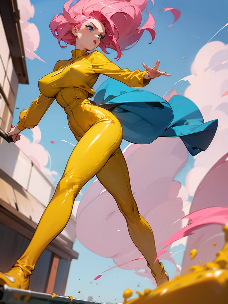 a woman , hero pose, big pink hair, shining blue eyes, wearing a mustard yellow jumpsuit. hero pose, big brrs old, running away from an old squeegee