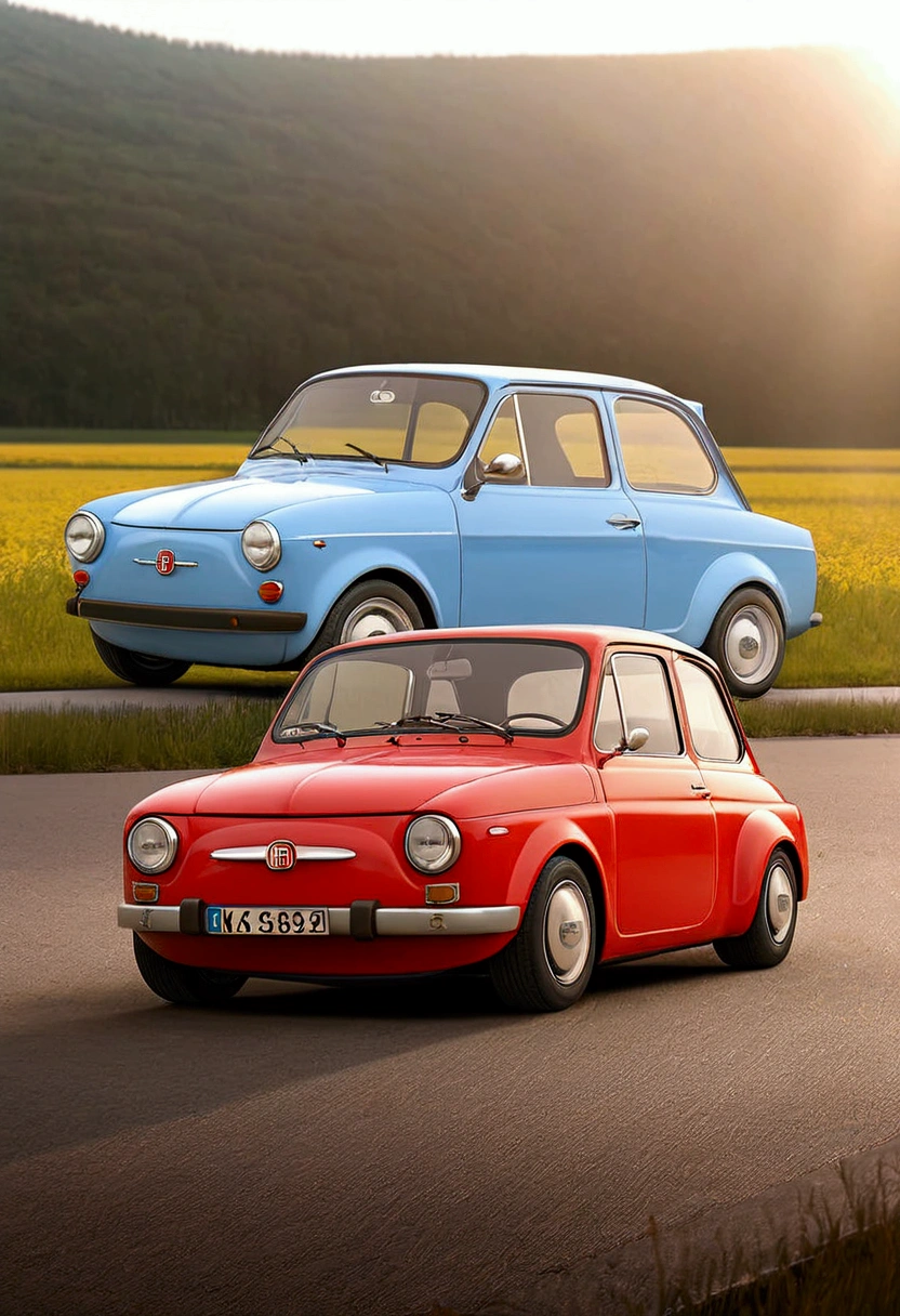 a mixture of a GDR Trabant and a Fiat 500 from 40 years ago. am Steuer ist ein about 120 kg schwerer bärtiger junger Mann mit dunklen Haaren, about 1,90 m tall and yet the passenger side is a red-haired guy, about 80 kilos and 1,80 m gross, 18 year old. The vehicle is currently travelling on German motorways towards southern Germany. the sun shines on the car. good weather is available and they are moving quite quickly. a beautiful picture sequence with full HD. 4K resolution photorealistic masterpiece super high resolution details!