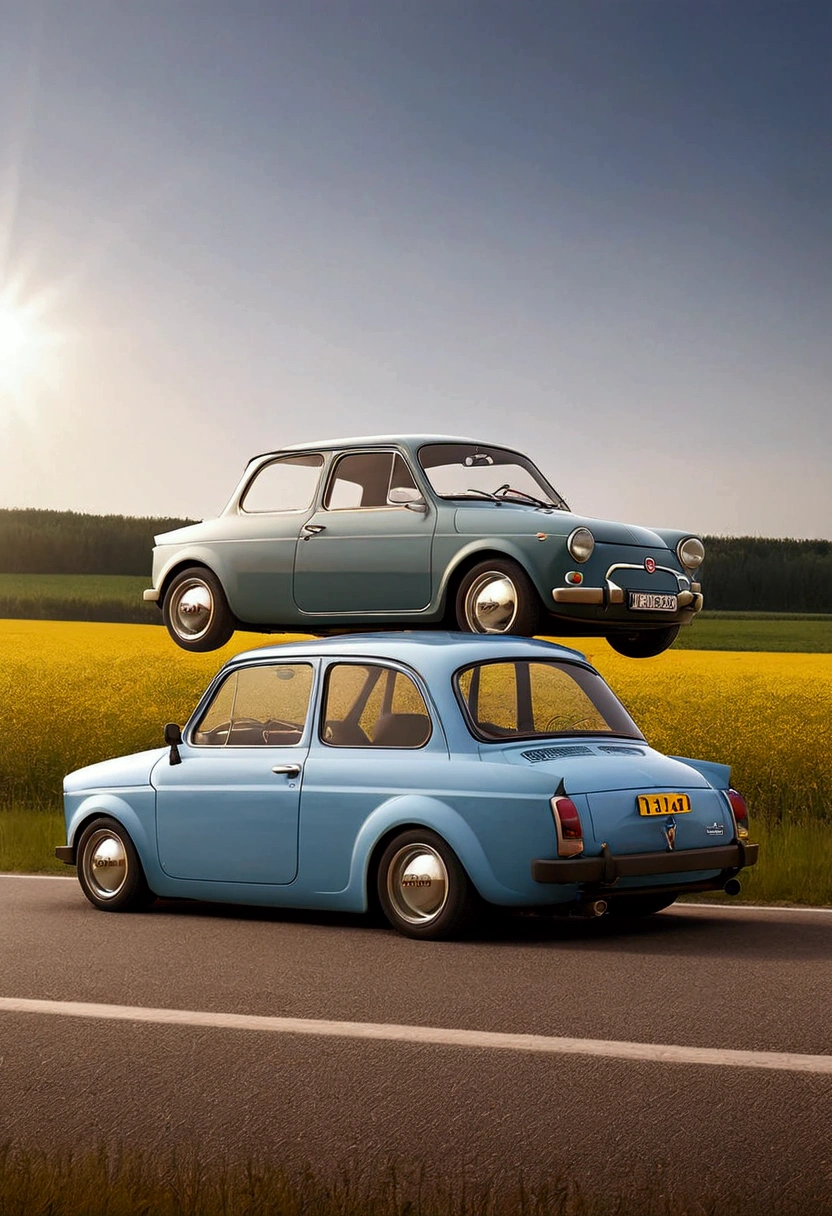 a mixture of a GDR Trabant and a Fiat 500 from 40 years ago. am Steuer ist ein about 120 kg schwerer bärtiger junger Mann mit dunklen Haaren, about 1,90 m tall and yet the passenger side is a red-haired guy, about 80 kilos and 1,80 m gross, 18 year old. The vehicle is currently travelling on German motorways towards southern Germany. the sun shines on the car. good weather is available and they are moving quite quickly. a beautiful picture sequence with full HD. 4K resolution photorealistic masterpiece super high resolution details!