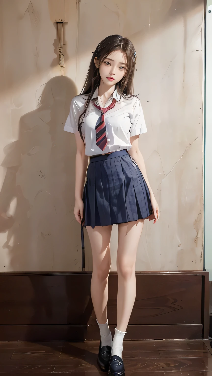 ((masterpiece)),(((最high quality))),((Full body shot from knee height:1.8)),((((((Please stand up straight:1.9)))))),((Thin thighs)),((Long legs:1.5)),(((Girl standing in a school classroom:1.7))),(((Micro Mini Skirt Uniform:1.6))),((tall:1.8)),((Japanese high school girls wearing summer uniforms:1.8)),((Slim Model body type:1.5)),((Thin legs:1.6)),((Wearing a red tie:1.2)),((Wearing a white shirt with short sleeves)),Her erect nipples are clearly visible under her clothes.,(Navy blue checked micro mini skirt:1.5),(24-years-old:1.3),bangs,A small smile,((cute girl)),Slender girl,(Black Loafers),((short white socks up to the ankles,)),cute,The thigh area below the groin is slim and firm,cute,Black hair ponytail,Thin legs,Slim Model body type,Very small waist,Small hips,Long thighs,Thin thighs,Thin hands,Long hands,((((Full body shot from below:1.5)))),(((((k-popのIVEのWONYOUNGにそっくりの女の子:1.9))))),((Turn your whole body straight ahead:1.8)),((tall:1.4)),(Stand with your legs straight without bending your knees:1.7),((Please stand up straight:1.7)),((turn your hips forward:1.7)),The ankles are super thin,beauty,Fine skin,Firm Skin,Realistically reproduced skin detail of thin legs,Very detailed, Attention to detail,high quality,Awards,High resolution,(Anatomically correct:1.3),(8k,RAW Photos,最high quality,masterpiece:1.5),(((をFull body shot from below:1.5))),Height 173cm,((Please stand up straight:1.7)),((Please stand up straight:1.7)),(((Keep your back straight:1.8))),((Look forward:1.2)),8 head beauty,Model body type,((Inseam is half the height:1.5)),(Thin thighs),((k-popのIVEのWONYOUNGにそっくりの女の子:1.5)),Raw photo,Firm Skin,Fine skin,Well-trained muscular legs,Attention to detail,vivid,Skin Texture,Genuine skin feel,Perfect composition,beautiful,Very detailed,High chroma,Genuine,eyeliner,eye shadow,High nose,Small nostrils,Small Mouth,Seductive lips,((((White panties:1.9)))),Long legs,Thin legs,Thin thighs,Thin ankles,(((Full body shot:1.6)))
