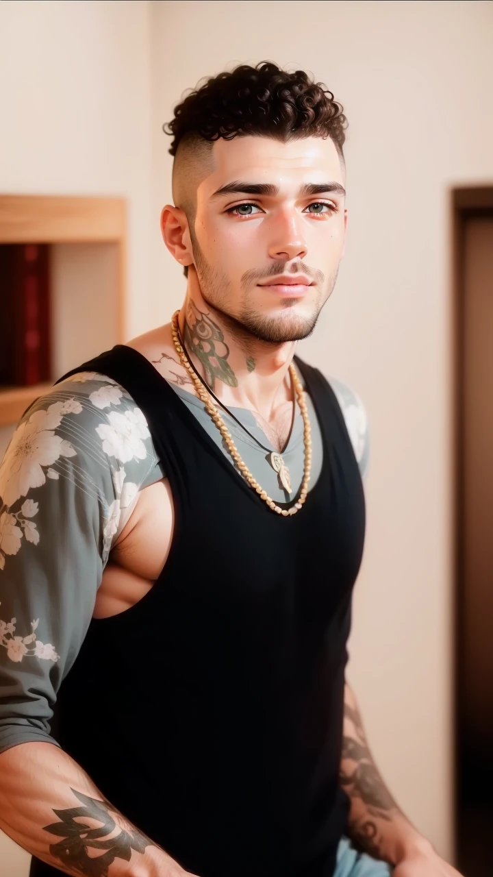 RAW photo, a (potrait:1.2) of a very handsome male, with curly hair (high detailed skin:1.2), 8k uhd, dslr, soft lighting, high quality, film grain, Fujifilm XT3