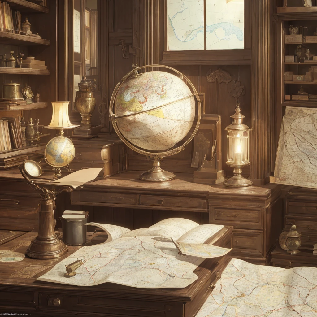 a detailed, high-quality cartographer's desk, intricate antique globe, vintage compass, rolled up maps, magnifying glass, quill and ink, wooden shelves, candles, soft lighting, dark wood texture, detailed textures, cinematic lighting, muted color palette, atmospheric, elegant, masterpiece, (best quality, 4k, 8k, highres, masterpiece:1.2), ultra-detailed, (realistic, photorealistic, photo-realistic:1.37)