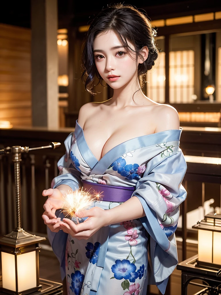 Mix 4, (8k, Live Shooting, Highest quality, masterpiece: 1.2), (Real, Photorealistic: 1.37), 一人のgirl, cute, night, rain, Wetty, Professional Lighting, Photon Mapping, Radio City, Physically Based Rendering, Gradient black hair, Gray Hair, Short Curly Hair, good looking, girl, Highest quality写真, High resolution, 1080P, (Clear Face), (Detailed face description), (Detailed hand description), (masterpiece), (Exquisite CG)、Extreme light and shadow、Disheveled Hair、Masterwork、Rich details、(Fine facial features)、(Highest qualityの写真)、(Masterpiece)、(Detailed eyes)、Look in front of you、Detailed clavicle、((Mid-breasted))、Nipple erection、Sexy、Lady、Clear、Smooth Hair、Clothes are not shiny、yukata、firework、kimono、