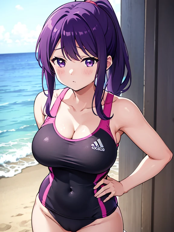 Shot on the beach,Photograph the whole body,Nagisa Kubo, One girl,Purple Hair,Purple eyes,Medium Hair,Short ponytail,Big Breasts,Cleavage,Show your vagina,Black competitive swimsuit,Adidas Logo