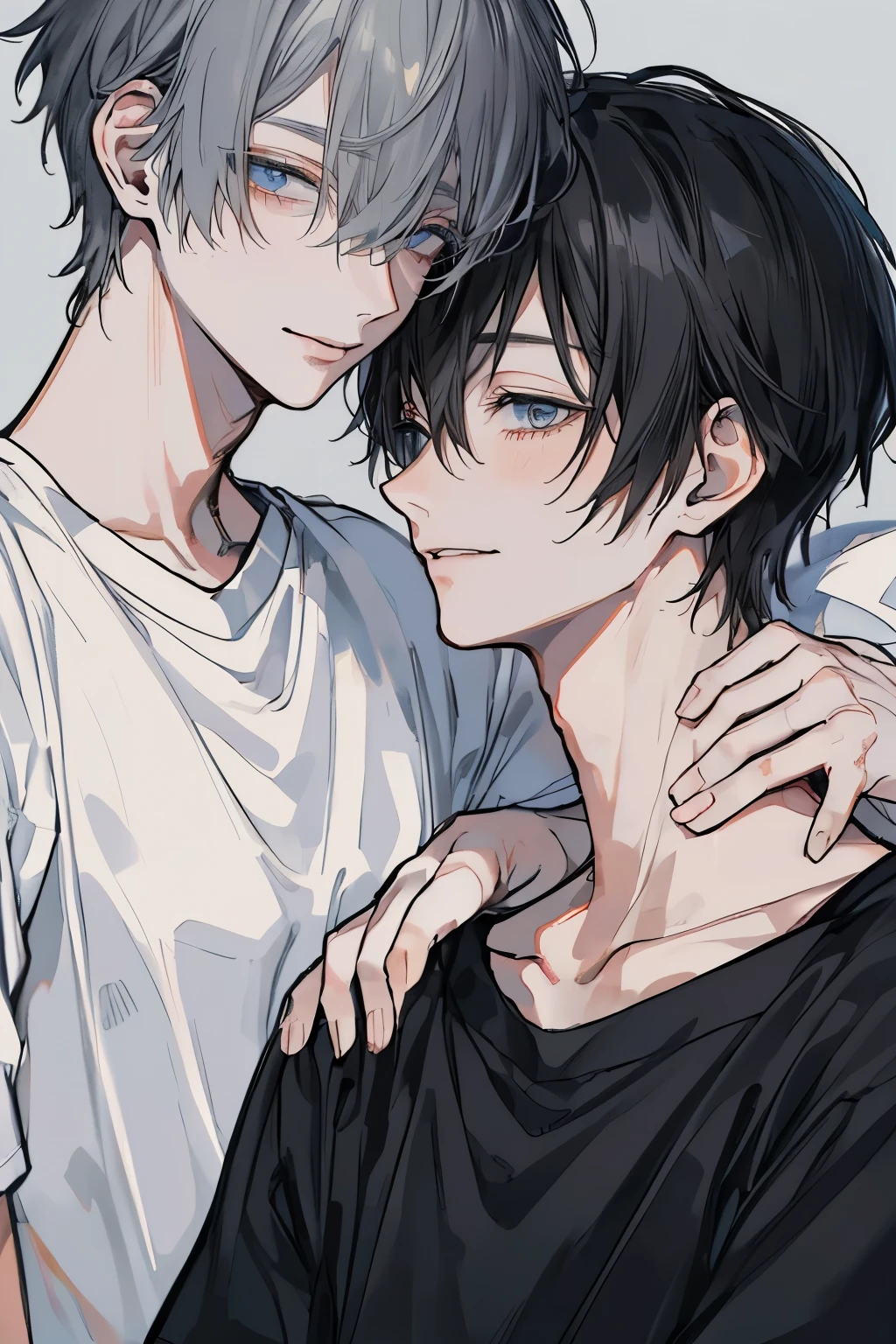 (Mastepiece), (Best Quality), Very detailed, ((Two men intimate:1.5)), Perfect Face, Beautiful Face, Very detailedな顔,(Upper body shot:1.3),(Black-haired man:1.3),(Grey-haired man:1.3)、T-Shirts、smile