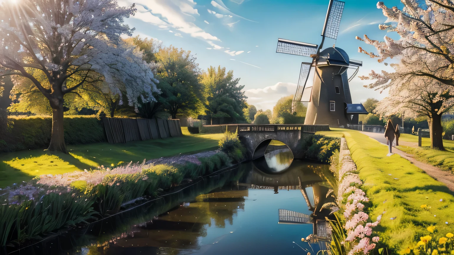 Dramatic lighting, sunny day, man and woman walking arm in arm, Dutch countryside in spring, sunbeams, canal and traditional windmill