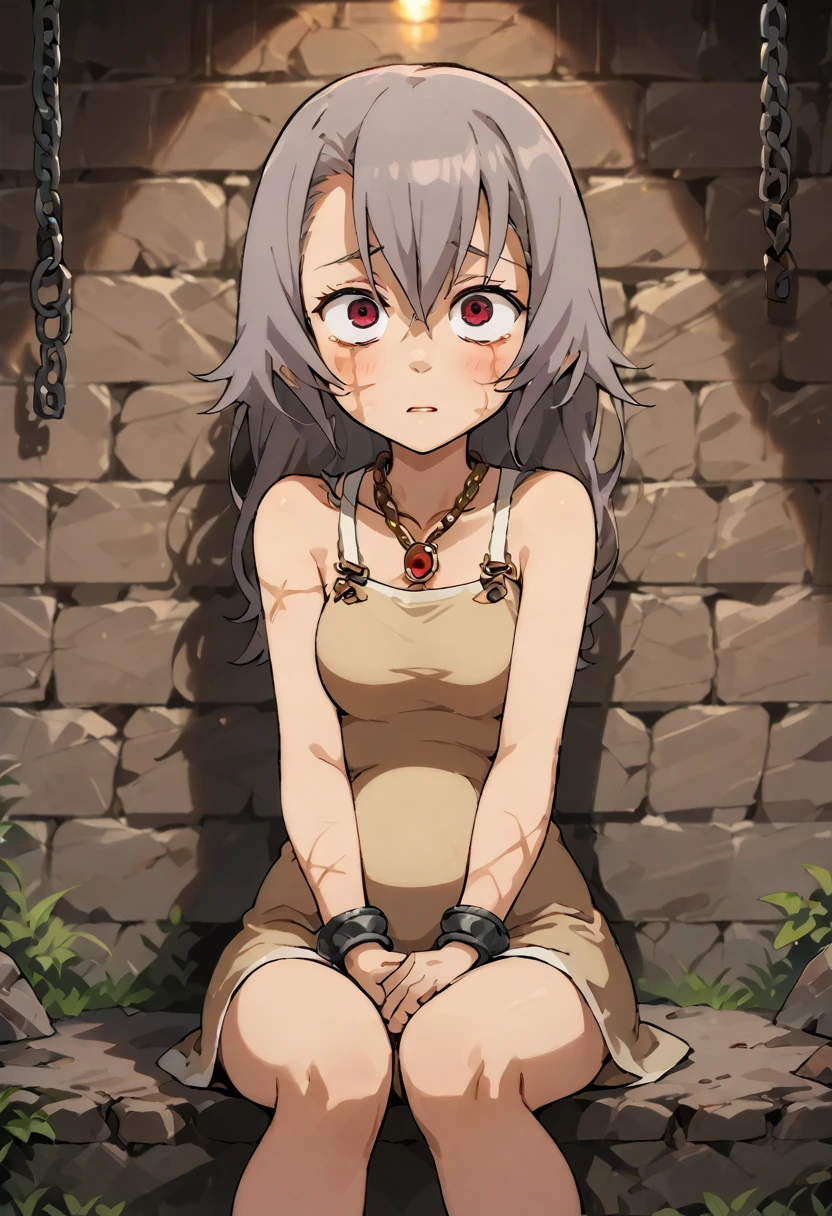 Fraction_9, Fraction_8_up, Fraction_7_Direction_6_up, Stone wall background,1 Girl, Solitary, (Red Eyes:1.3), Necklace, shackles, Chain, Cowboy shooting, Open your legs, sit, foot, foot趾, Place your hands at your sides, Overall details, Miko,, (masterpiece, best quality, absurd), src_Japanese cartoons, 1 Girl, Solitary, Large Breasts, Dark grey hair, Long hair, Gray eyes, Eye bags, scar, burn scar, Malnutrition, depressed, Expressive skills, Brown dress, Sundress, Pregnant women，骆驼foot趾，