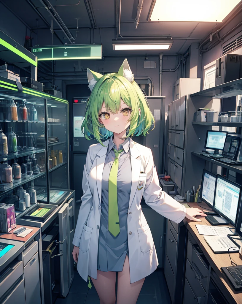 masterpiece, best quality, dreamery, anime scenery
BREAK,
in a detailed laboratory setting, laboratory, INSIDE shot, digital art, numerous fluo test tubes of various high saturated fluo colours on the desk,
BREAK,
1girl, nekogirl with green hair, white fox tail, lab coat with miniskirt, yellow eyes, necktie,
she's enthusiastic and happy for a new discovery, she's smart and fun
BREAK,
cityscape visible through the window, microscope