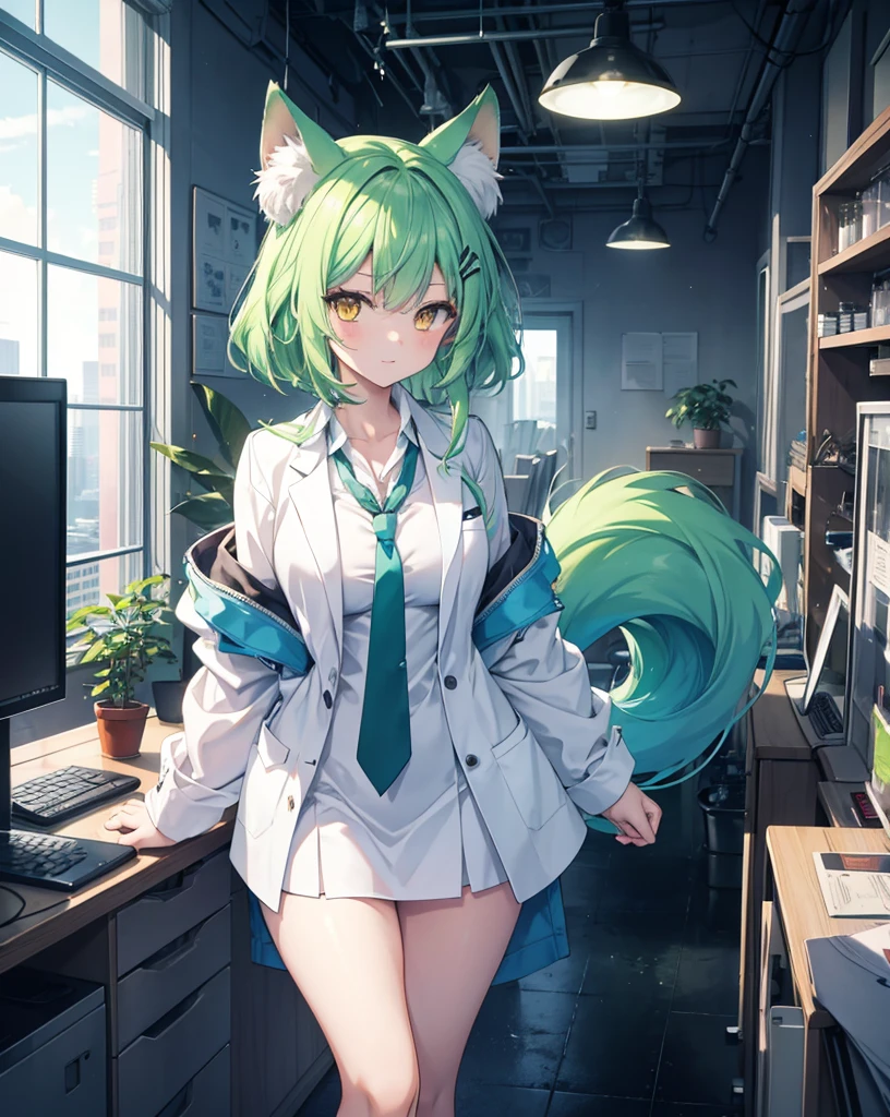 masterpiece, best quality, dreamery, anime scenery
BREAK,
in a detailed laboratory setting, laboratory, INSIDE shot, digital art, numerous fluo test tubes of various high saturated fluo colours on the desk,
BREAK,
1girl, nekogirl with green hair, white fox tail, lab coat with miniskirt, yellow eyes, necktie,
she's enthusiastic and happy for a new discovery, she's smart and fun
BREAK,
cityscape visible through the window, microscope