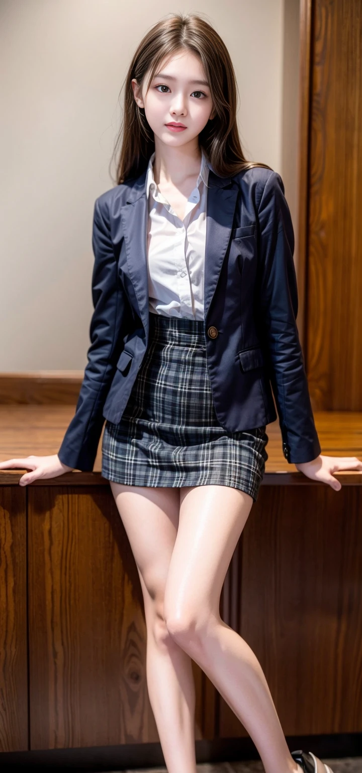 ((masterpiece)),(((best quality))),thin thighs,long legs,girl standing in school,red tie uniform,dark blue blazer,blue plaid skirt,18 years old,forehead,small smile,random pause，Pretty Woman，slim girl，