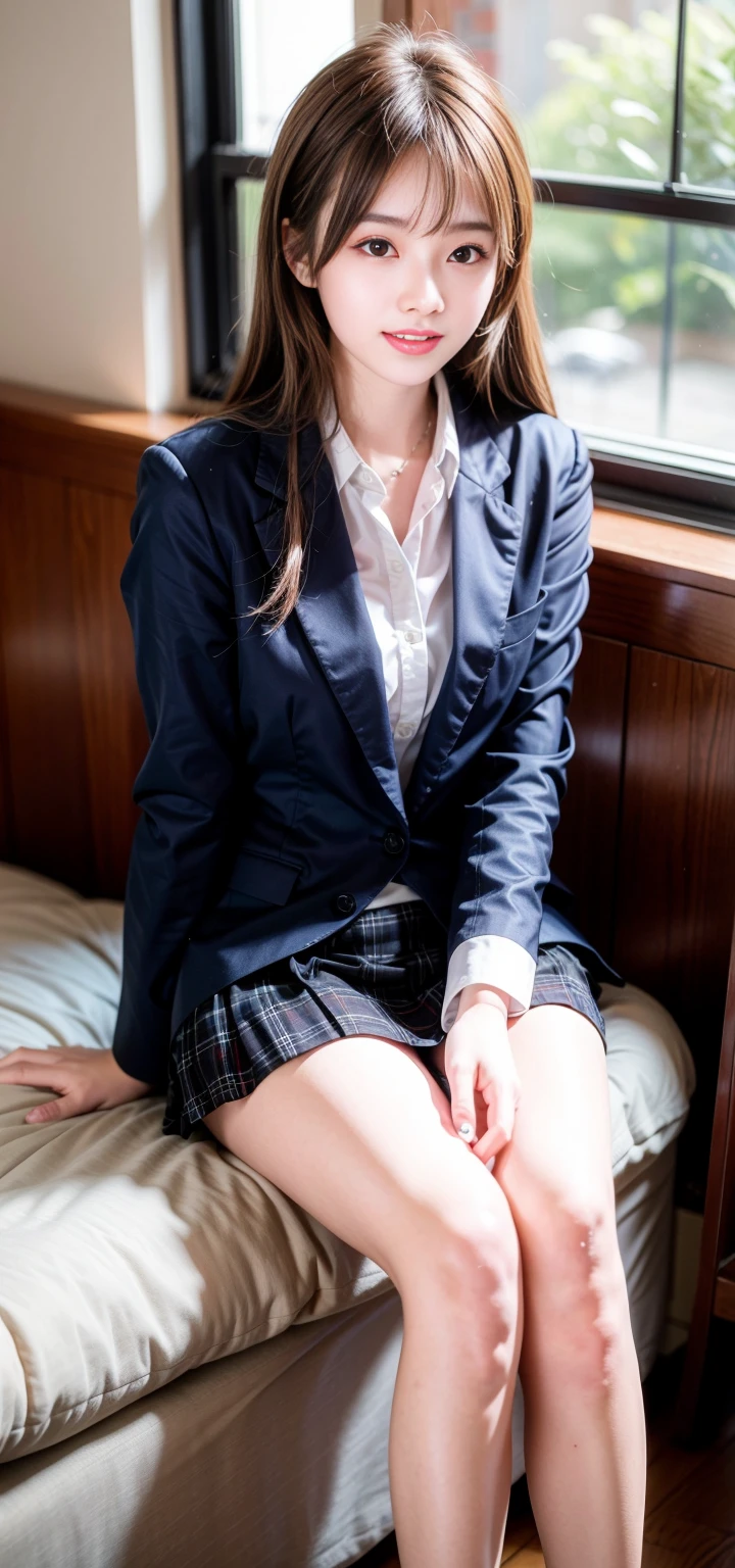 ((masterpiece)),(((best quality))),thin thighs,long legs,girl standing in school,red tie uniform,dark blue blazer,blue plaid skirt,18 years old,forehead,small smile,random pause,Pretty Woman,slim girl,