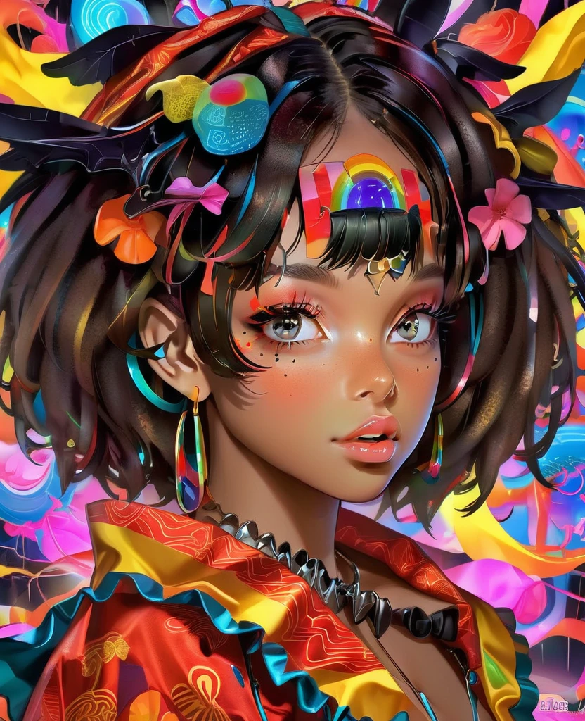 atmosphere Devil horror In a mesmerizing cascade of color and light, an enchanting anime girl Sensual sexyall black bats candroites viewers with her ethereal beauty afro marron neon Sakura Her delicate features are framed by cascading locks of shimmering arrepiado Short Arco íris hair, her wide, expressive eyes big red Neon radiating with emotion. A digital painting brings this stunning character to life, depicting her in intricate detail with a seamless blend of realism and f