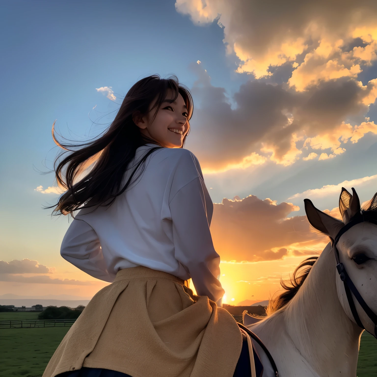 One Girl,, Wind, Dirty Hair, sunset, Plains、horizon,Beautiful Clouds、 (Aesthetics and atmosphere:1.2),smileの美しい女性、、Ultra HD、Japanese、Women around 20 years old、Brown Hair、smile、((smile))、Rear view looking back、Riding on horseback、Journey、((((Horse back view)))、Long Skirt、Fluttering skirt、