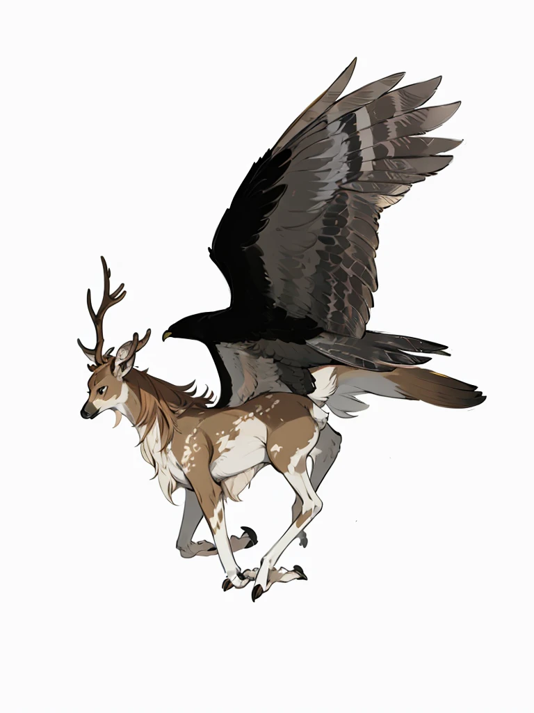 A magical creature, a character's leaf, a hawk's head with deer antlers, a deer's body, beautiful wings, high detail, ((perfect ???????)), (perfect legs)