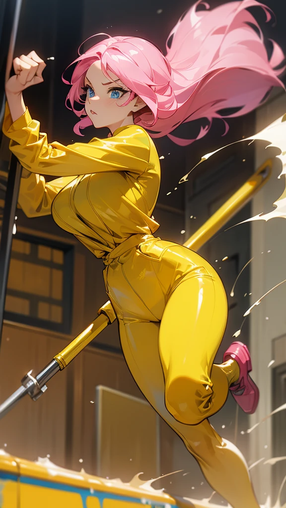 a mature woman , hero pose, big pink hair, shining blue eyes, wearing a mustard yellow jumpsuit. hero pose, big breasts35 years old, running away from an old squeegee