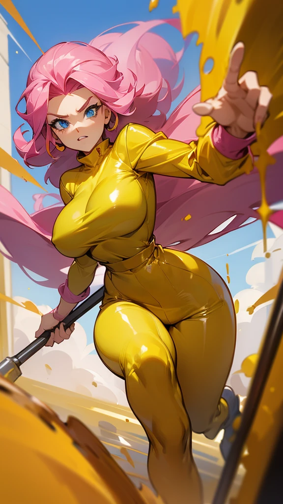 a mature woman , hero pose, big pink hair, shining blue eyes, wearing a mustard yellow jumpsuit. hero pose, big breasts35 years old, running away from an old squeegee