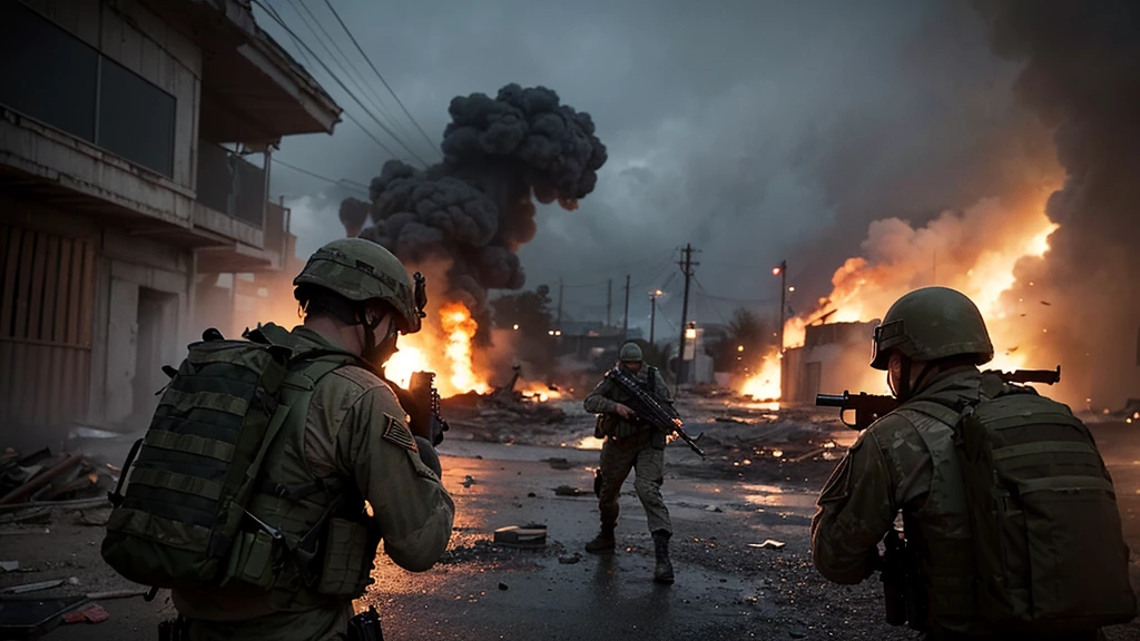 Create a high-resolution 4K image using a realistic engine that combines elements from Call of Duty: Modern Warfare and Call of Duty: Black Ops. The scene should depict an intense battlefield environment with soldiers from both franchises engaging in a dynamic firefight. Include detailed textures on the soldiers' gear, weapons, and uniforms, capturing the realism and gritty atmosphere characteristic of both games. The background should feature urban warfare elements such as destroyed buildings, tanks, and choppers, with smoke and debris adding to the chaos. Ensure the lighting is dramatic, with realistic shadows and highlights to emphasize the tension and action of the scene. Use a realistic engine to achieve lifelike details and a cinematic feel.