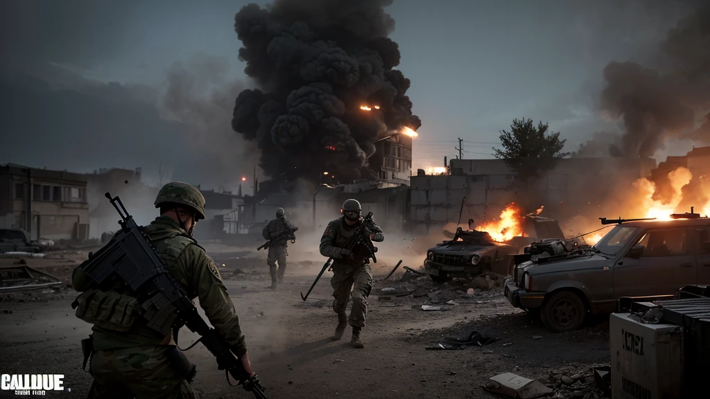 Create a high-resolution 4K image using a realistic engine that combines elements from Call of Duty: Modern Warfare and Call of Duty: Black Ops. The scene should depict an intense battlefield environment with soldiers from both franchises engaging in a dynamic firefight. Include detailed textures on the soldiers' gear, weapons, and uniforms, capturing the realism and gritty atmosphere characteristic of both games. The background should feature urban warfare elements such as destroyed buildings, tanks, and choppers, with smoke and debris adding to the chaos. Ensure the lighting is dramatic, with realistic shadows and highlights to emphasize the tension and action of the scene. Use a realistic engine to achieve lifelike details and a cinematic feel.