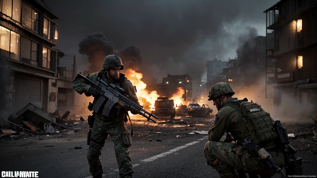 Create a high-resolution 4K image using a realistic engine that combines elements from Call of Duty: Modern Warfare and Call of Duty: Black Ops. The scene should depict an intense battlefield environment with soldiers from both franchises engaging in a dynamic firefight. Include detailed textures on the soldiers' gear, weapons, and uniforms, capturing the realism and gritty atmosphere characteristic of both games. The background should feature urban warfare elements such as destroyed buildings, tanks, and choppers, with smoke and debris adding to the chaos. Ensure the lighting is dramatic, with realistic shadows and highlights to emphasize the tension and action of the scene. Use a realistic engine to achieve lifelike details and a cinematic feel.